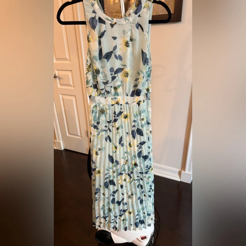 RW&CO. Sleeveless Pleated Chiffon Midi Dress Blue and Yellow - Picture 5 of 9